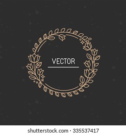 Vector wreath made with branches, leaves and flowers in trendy linear style with copy space for text - abstract monogram and frame 