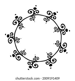 vector wreath made of a pattern of dots and spirals. drawn in the style of doodles, a round template made of small curls with a dot, with an empty space inside for text, an isolated black line greek