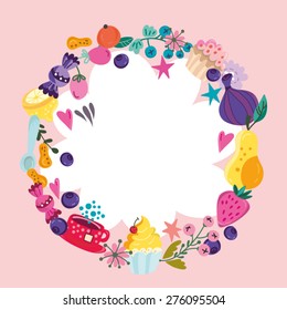 Vector wreath made of sweet and treats.
