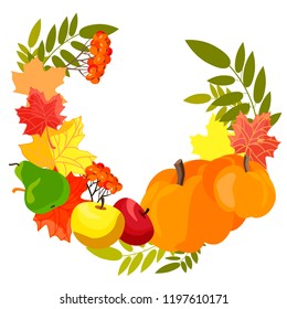 vector wreath made of vegetables and fruits, autumn background, place for an inscription