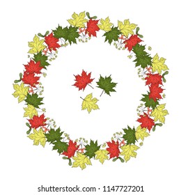 Vector wreath of maple leaves. Hand drawn cartoon style illustration. Cute autumn frame for wedding, holiday, back to school or card design