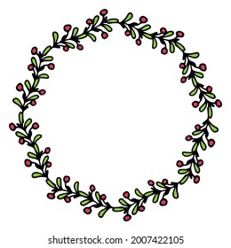 vector wreath of mistletoe, red berries and green leaves.round pattern of a doodle-style twig with round red berries and green leaves with an empty space inside wreaths on a white background christmas