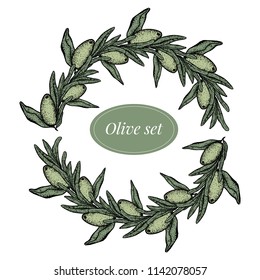 Vector wreath with olive handrown elements.  Hand drawn design with olive branches.