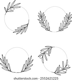 Vector wreath olive set. Botanical hand drawn frames of branches.