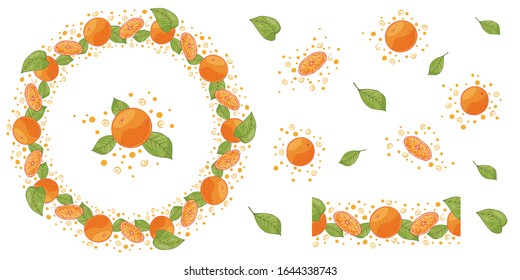 Vector wreath of orange slices of oranges and whole tangerines and seamless brush. Sweet, juicy citrus fruits with a spray of juice. For various design and printing. For postcards, cafes, restaurants.