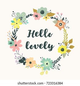 Vector wreath with pastel flowers. Beautiful greeting card with floral, can be used as creating card, invitation card for wedding, birthday and other holiday.