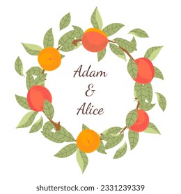 Vector wreath with peaches, branches and leaves.