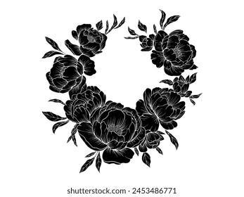 Vektorgrafik Kranz von Pfingstrosen. Handgrafik, handgezeichnete Pfingstrosen. Schwarze Silhouette von Pfingstrose Blume