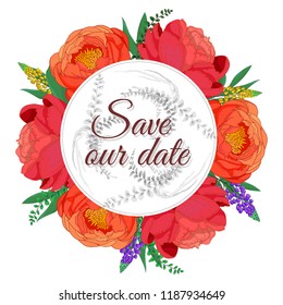 Vector wreath of peonies and lupine. Save our date. Vector illustration.
