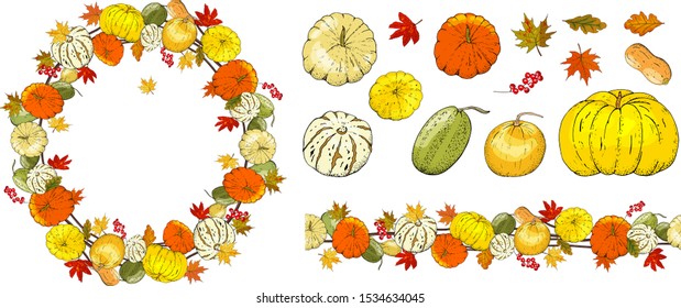 Vector wreath with pile of orange pumpkins and autumn leaves isolated on white. Horizontal border and frame design template for farm market banners and thanksgiving day background. 