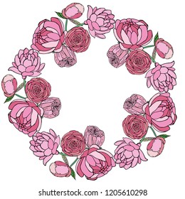 Vector wreath of pink peonies.