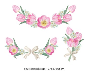 Vector wreath of pink tulips flower hand drawn watercolor.
