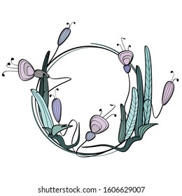 Vector wreath of plants with exotic flowers. Vintage round wreath of leaves with delicate flowers. Decor for invitations, greeting cards, posters on March 8, weddings and birthdays.