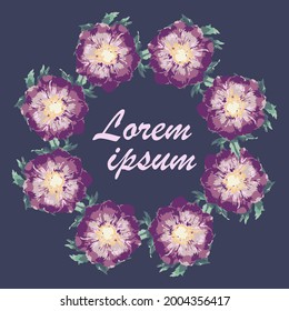 Vector wreath. Purple and blue. Spring border with flowers and text in the middle