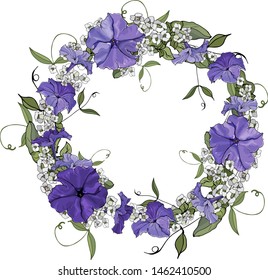 Vector wreath of purple flowers. Round frame with petunia and green leaves. Design for your wedding, birthday, saving the date card. For greeting card decoration.