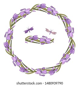 Vector wreath of purpure iris flowers and butterflies on a white background. Seamless pattern of leaves and iris flowers for invitation design, greeting card, gift wrapping, packing.