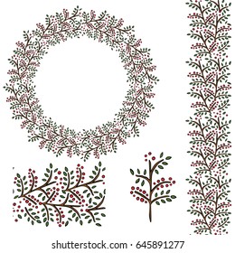 Vector wreath with red berries. Seamless pattern brush with berries. Vector frame with red berries and green leaves