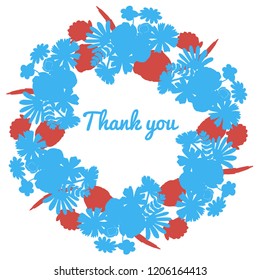 
Vector wreath of red and blue flowers with the words "Thank you"