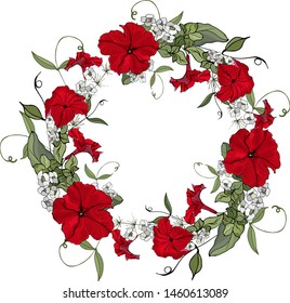 Vector wreath of red flowers. Round frame with petunia and green leaves. Design for your wedding, birthday, saving the date card. For greeting card decoration.