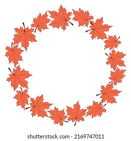 Vector wreath of red maple leaves. Round frame in flat style. Theme of happy fall, nature, forest, thanksgiving.