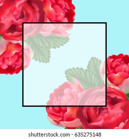 Vector wreath of red peony roses and leaves with central copy space for your text. Greeting card, wedding invitation, banner template