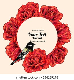   Vector a wreath of red roses and central white copy space for your text