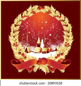 Vector wreath ribbons snow globe with a town in red color, vector illustration