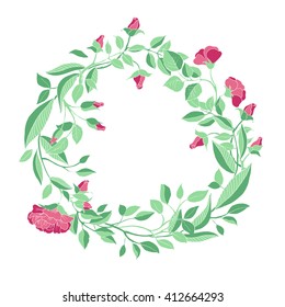 Vector wreath of roses, buds and branches on a white background