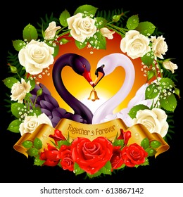 Vector Wreath of Roses, Couple Swans, Ribbon and Sunset Background. Black Cob and White Pen hold a Golden Bell. Birds Neck and Flowers in Heart Shape. Valentines Day Card or Wedding Invitation
