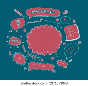 Vector wreath round frame speech bubble sketch comic pink white blue question exclamation hand drawn