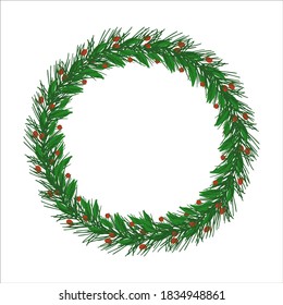 Vector wreath round frame with spruce branches and berries.