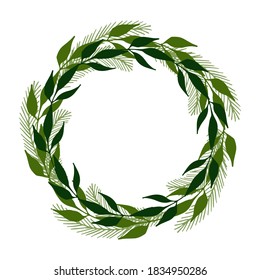 Vector wreath round frame with spruce branches and leaves.