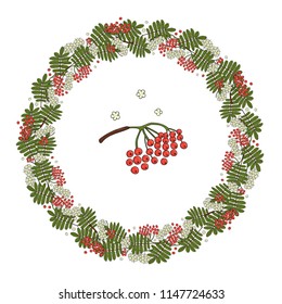 Vector wreath of rowan leaves, flowers and berries. Hand drawn cartoon style illustration. Cute autumn frame for wedding, holiday, back to school or card design