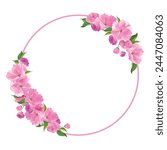 Vector wreath of sakura. Round frame with branches of cherry blossoms. Pink fluffy Sato-zakura flowers on a white background. Composition for a wedding invitation, congratulations on Mother