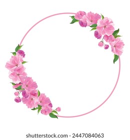 Vector wreath of sakura. Round frame with branches of cherry blossoms. Pink fluffy Sato-zakura flowers on a white background. Composition for a wedding invitation, congratulations on Mother's Day.