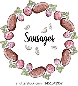 Vector wreath of sausages. Meat products n abelom background. Vector isolated objects.