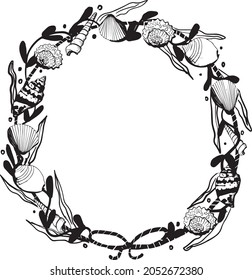 Vector wreath with seashells. Hand-drawn black and white garland illustration of shell sink and seaweed for covers and packaging, wallpaper, greeting cards, invitations.