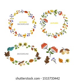 Vector wreath set made with branches, leaves and flowers in flat style - abstract autumn frames for greeting card and invntation.