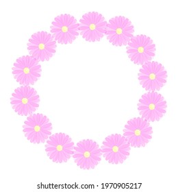 Vector wreath with simple pink flower with yellow centre,transparent petals
