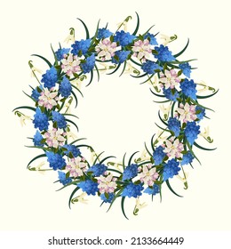 Vector de flor primaveral aislado sobre fondo blanco. Flor de manzana, moscari, la nevada. Ilustración de jardinería y primavera para fondo, textiles, póster, scrapbooking, juego de emoticones