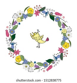 vector wreath of spring flowers with a bird