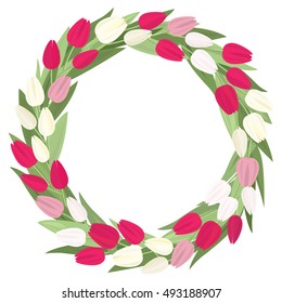 Vector wreath with spring flowers pink tulips isolated on white can be used as greeting and invitation card, congratulation, Women day