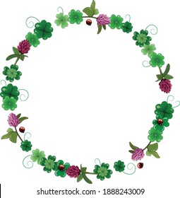 Vector wreath for St. Patrick's Day. Frame made of quatrefoils, pink clover flowers and little ladybirds. The frame has a place for the text.