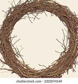 Vector wreath of tree branches in retro style. Vector decorative illustration. Round frame made of wooden vines