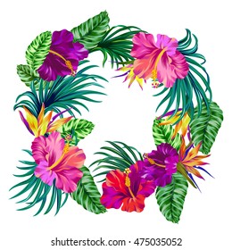 vector wreath with tropical flowers. Retro Hawaiian style floral arrangement, with beautiful hibiscus, palm, bird of paradise. Amazing vector illustrations, vintage style. Editable graphic elements.