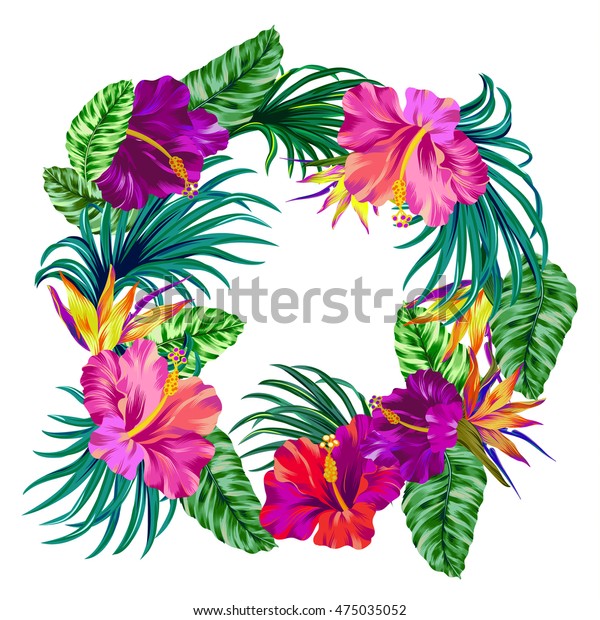 Vector Wreath Tropical Flowers Retro Hawaiian témájú stockvektorkép (jogdíj...