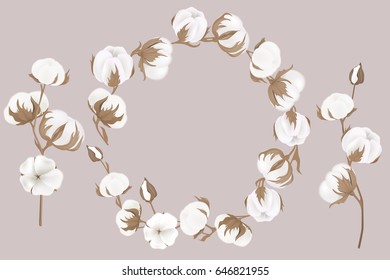 vector wreath of twigs and cotton flowers. Botanical illustrations. Greeting card.