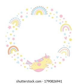 Vector wreath with unicorns and rainbows. Colorful rain from hearts and stars. Pastel colors. Baby illustrations. Kids background. Childish scandinavian print for baby, nursery decor. Round frame.