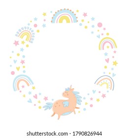 Vector wreath with unicorns and rainbows. Colorful rain from hearts and stars. Pastel colors. Baby illustrations. Kids background. Childish scandinavian print for baby, nursery decor. 