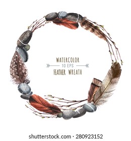 Vector wreath in watercolor style. Stones, pebbles, feathers and branches woven into a wreath. Wreath for greeting cards, invitations, covers, and other items.